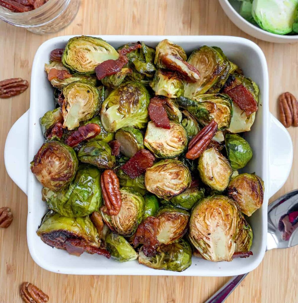 healthy maple roasted brussel sprouts with crispy bacon