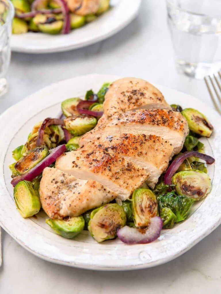 Chicken and balsamic brussels made on one pan in 25 minutes