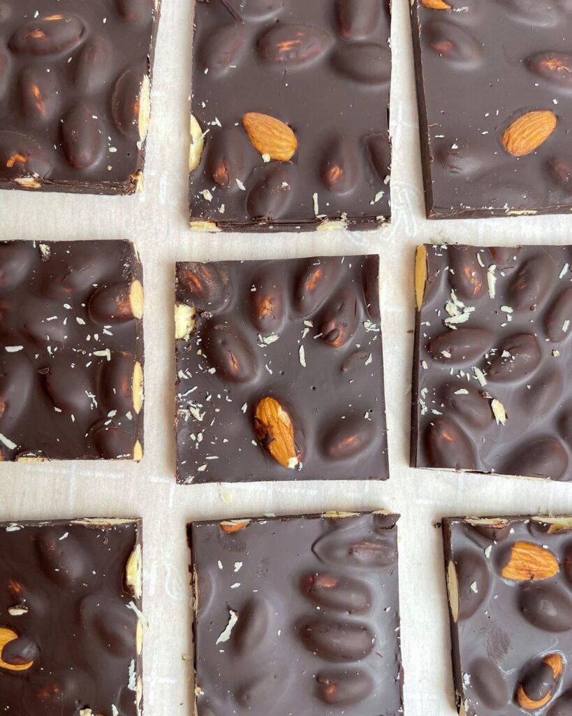 Close up shot of the chocolate almond bark. Only made with three ingredients. Easy, healthy, simple dessert and snack.