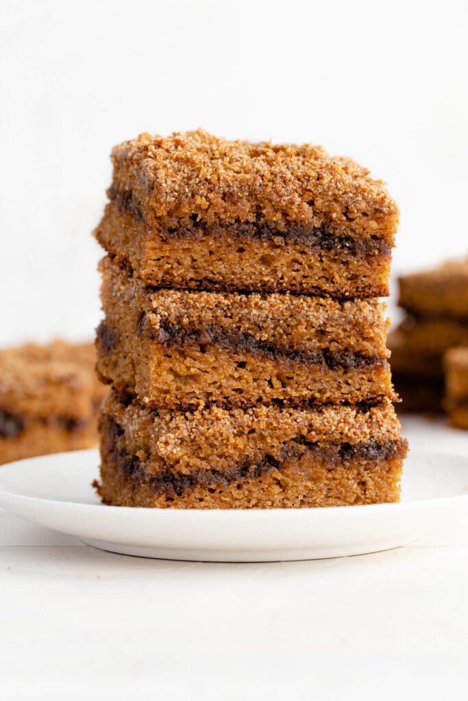 three pieces of healthy coffee cake stacked on top of each other