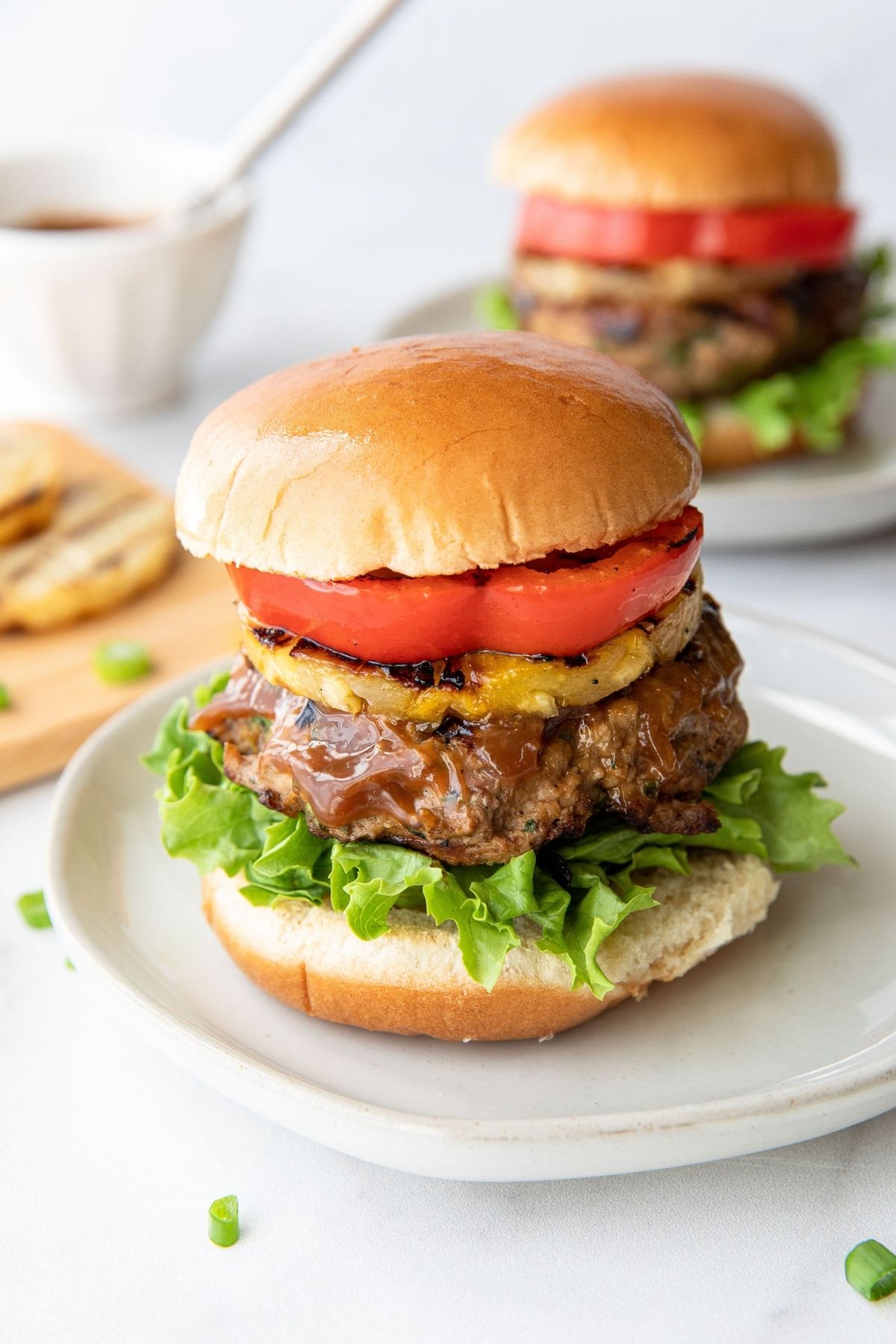 juicy pineapple turkey burgers with healthy teriyaki sauce and grilled red bell pepper