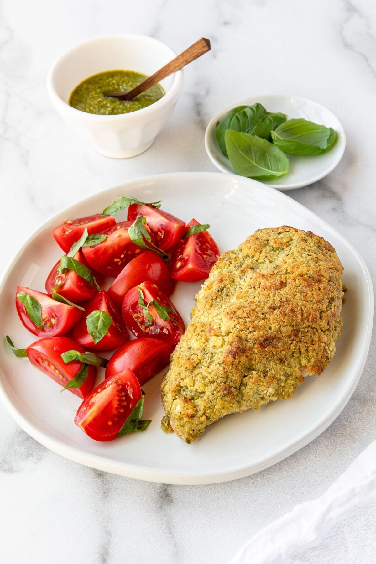 Easy basil pesto and goat cheese crusted chicken