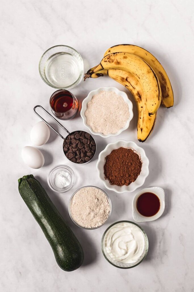 Ingredients in super moist healthy double chocolate zucchini banana bread