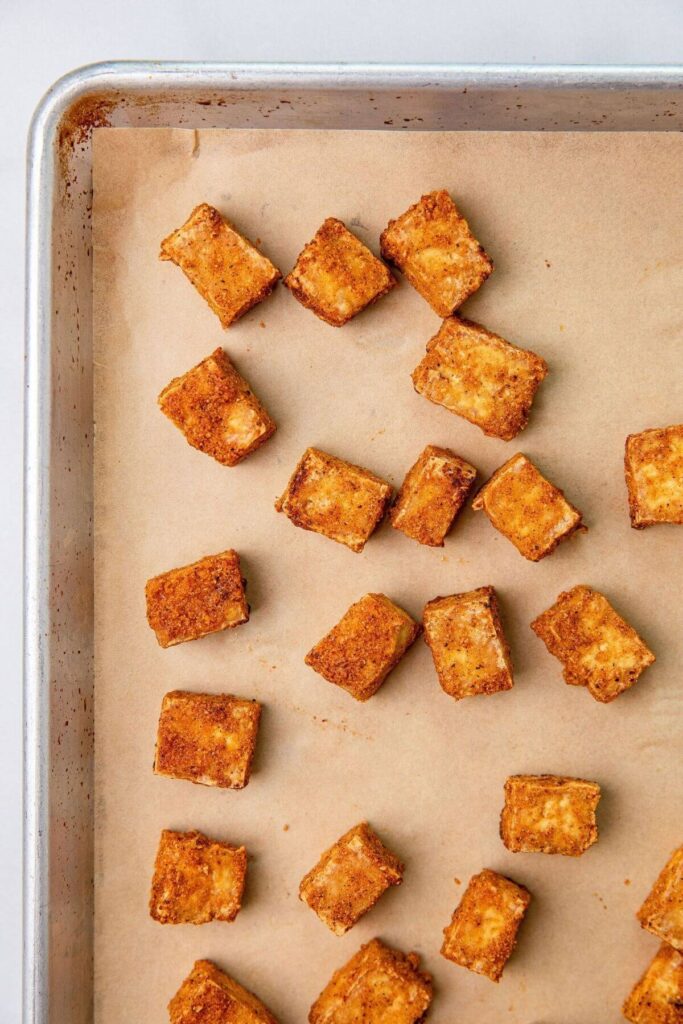 Oven baked crispy tofu on sheet pan