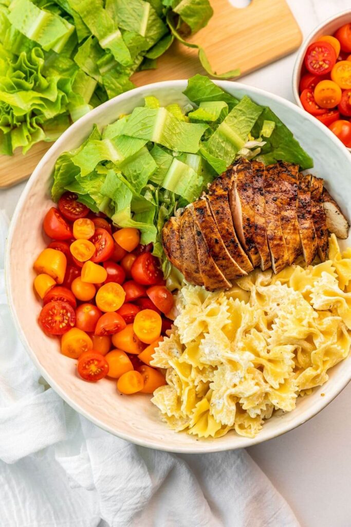 ingredients in healthy chicken caesar pasta salad