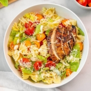 healthy balsamic chicken caesar pasta salad