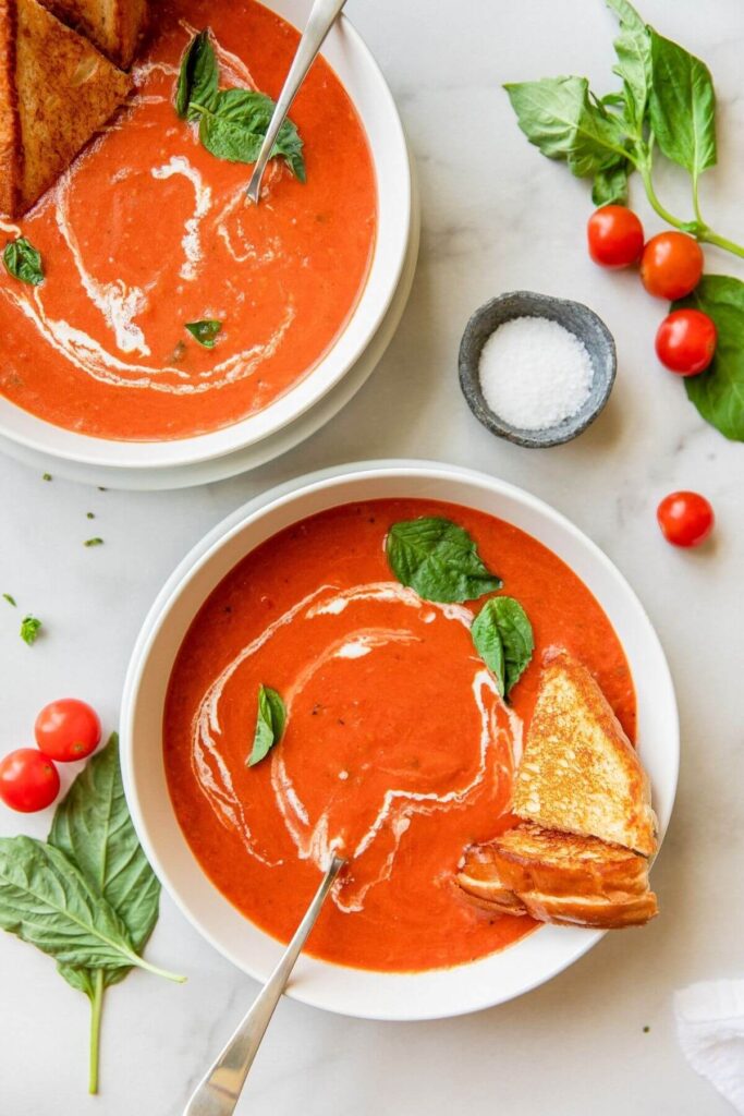 healthy tomato soup with grilled cheese