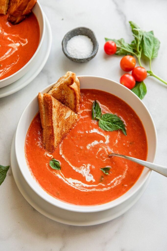 healthy tomato soup with grilled cheese
