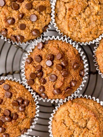 Moist gluten-free almond flour banana muffins with chocolate chips.