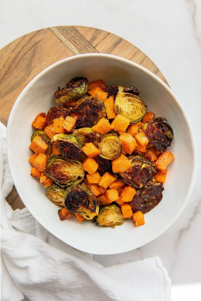 maple brussel sprouts with sweet potato cubes