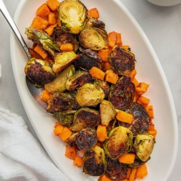 maple roasted sweet potato cubes and brussel sprouts