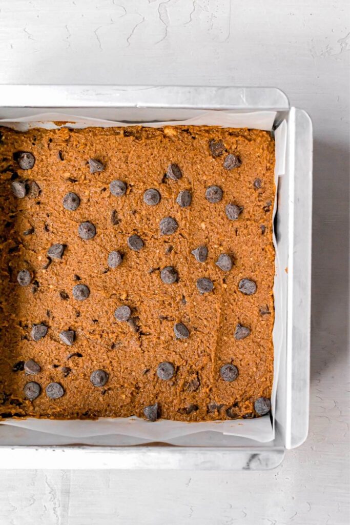 chickpea blondie batter in a baking tin