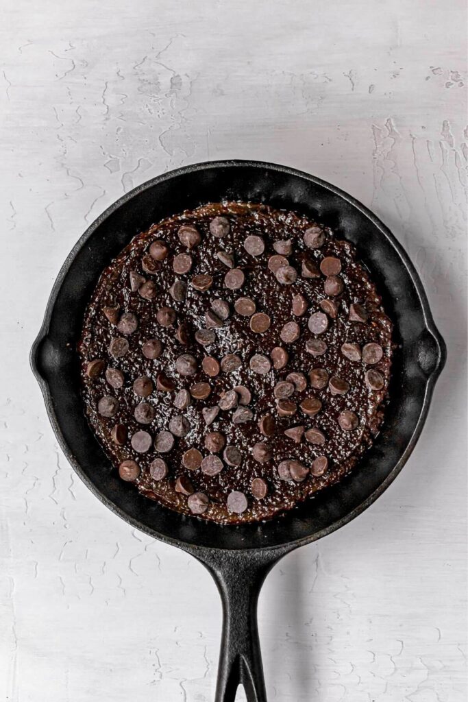 eggless brownie batter in a skillet pan