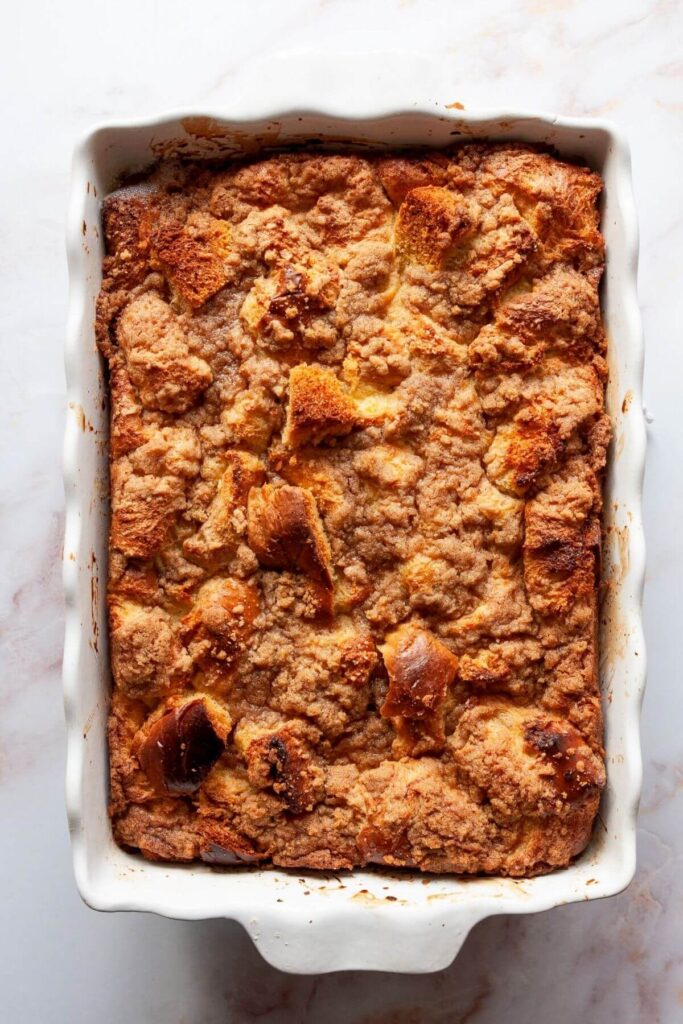 ovbrioche french toast casserole in a baking dish after baking