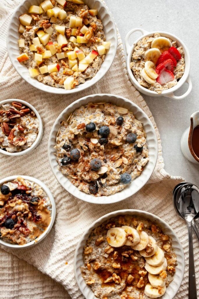 6 flavors of stovetop egg white oatmeal in bowls