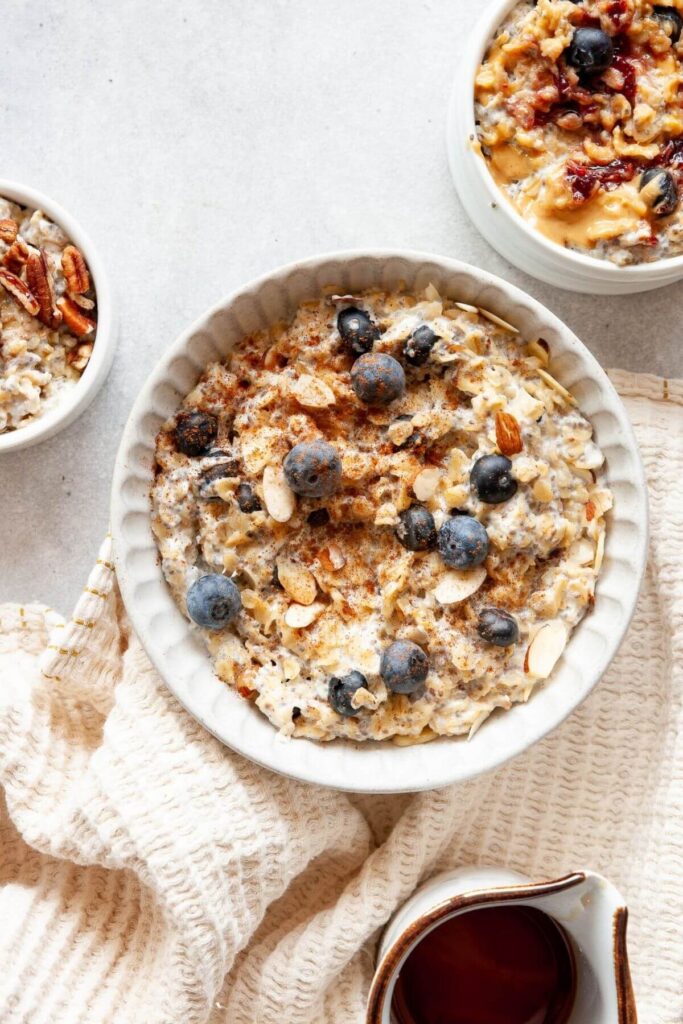 blueberry almond microwave protein oats in a bowl