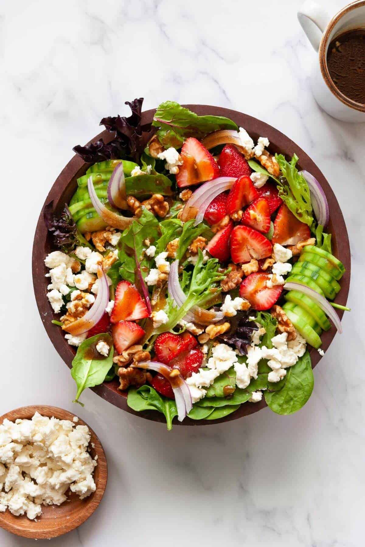 Easy strawberry goat cheese salad dressing in homemade balsamic vinaigrette.