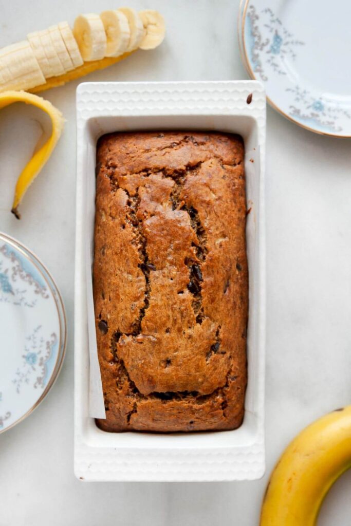 fluffy dairy-free banana bread in loaf tin after baking