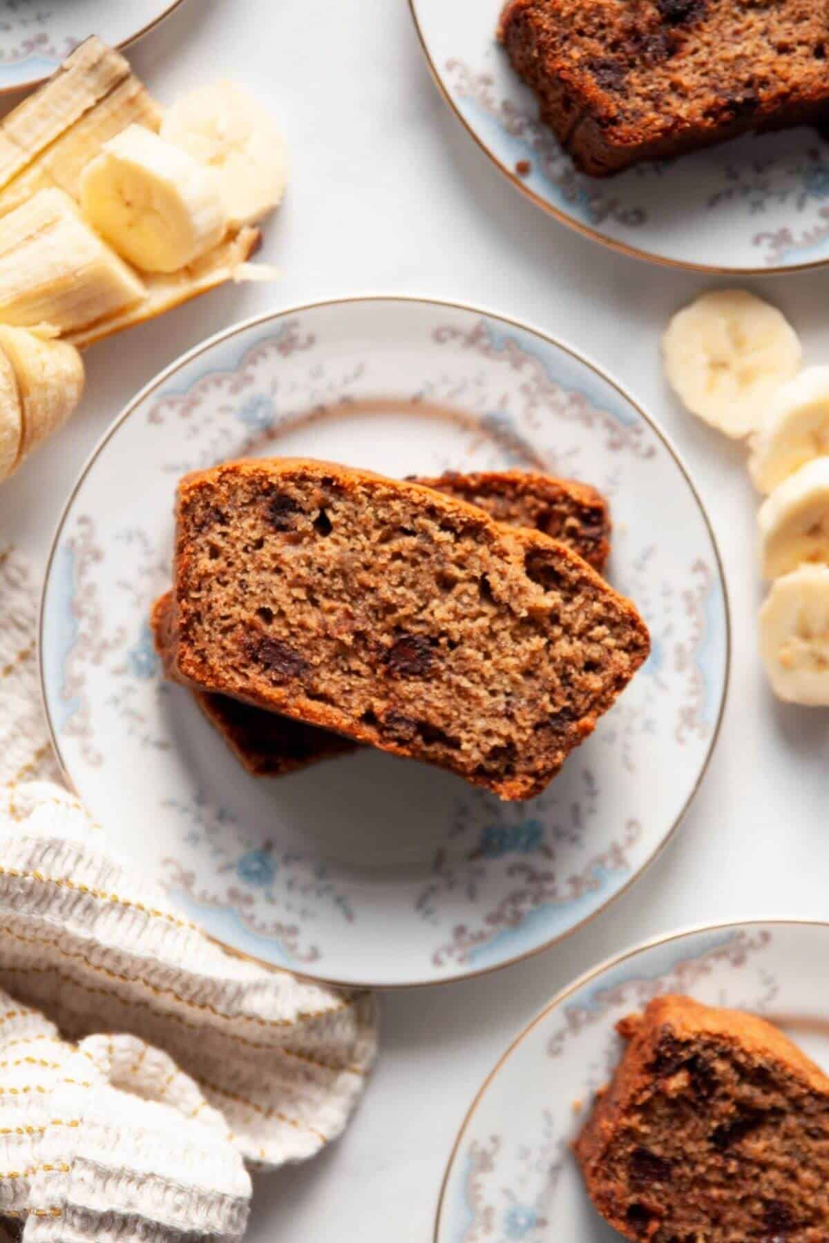 Slice of moist dairy-free chocolate chip banana bread.