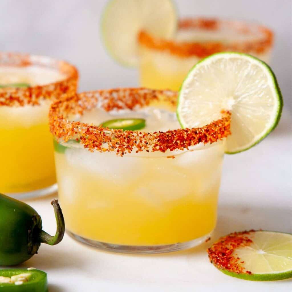 skinny spicy margarita in tajin rimmed glass