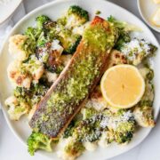 Crispy Salmon with Pesto and Parmesan Vegetables Cauliflower and Broccoli