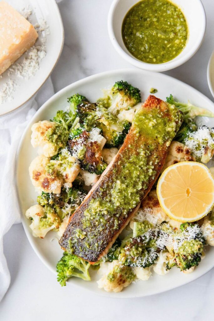 Crispy Salmon with Pesto and Parmesan Vegetables