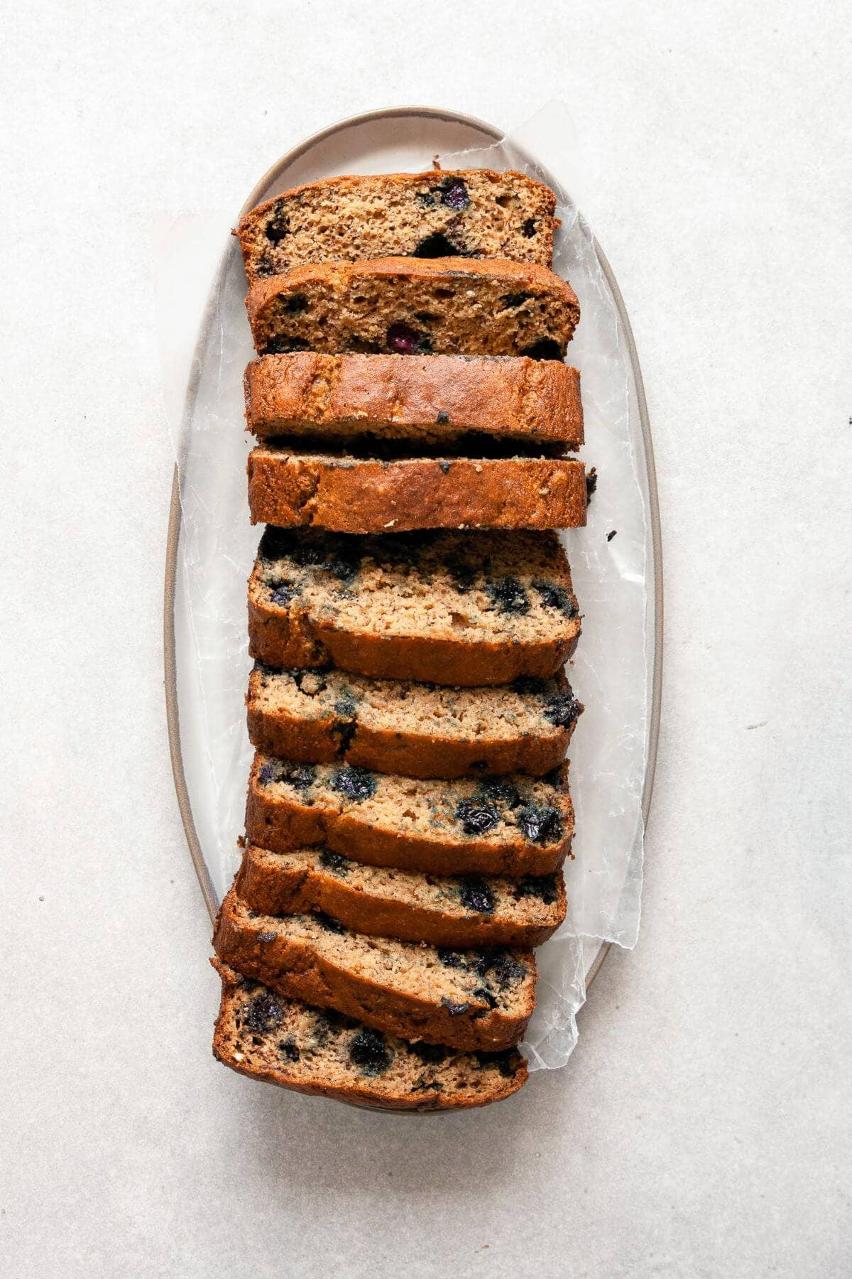 Oil-free blueberry banana bread made with almond flour and oat flour.