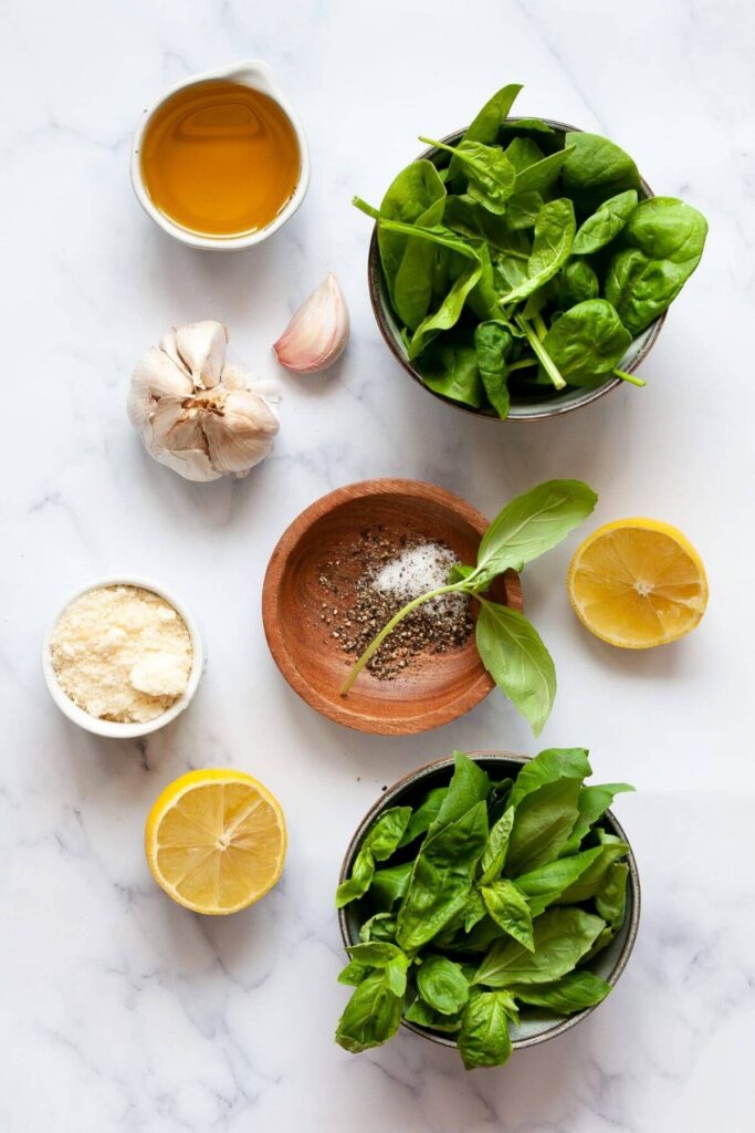 ingredients in nut-free basil pesto in small bowls