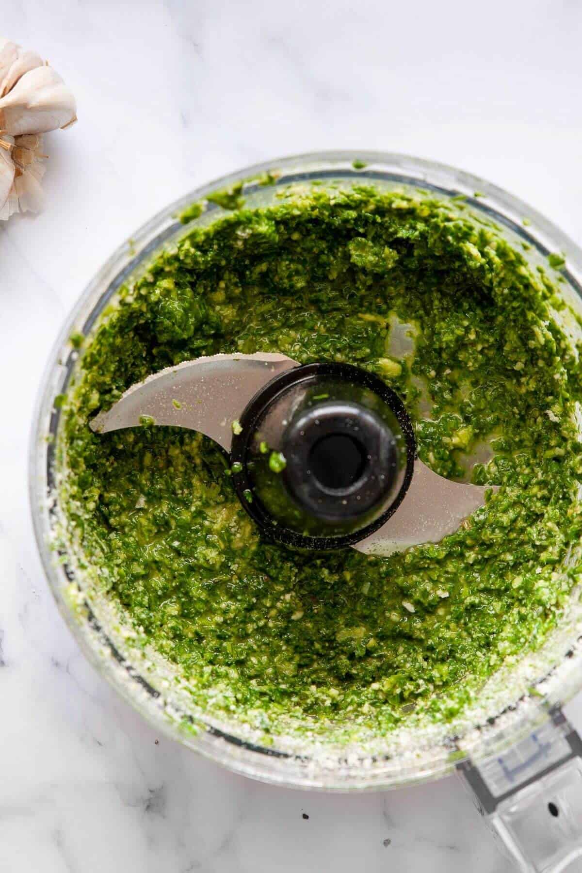 Finished nut-free pesto sauce blended smooth in food processor.