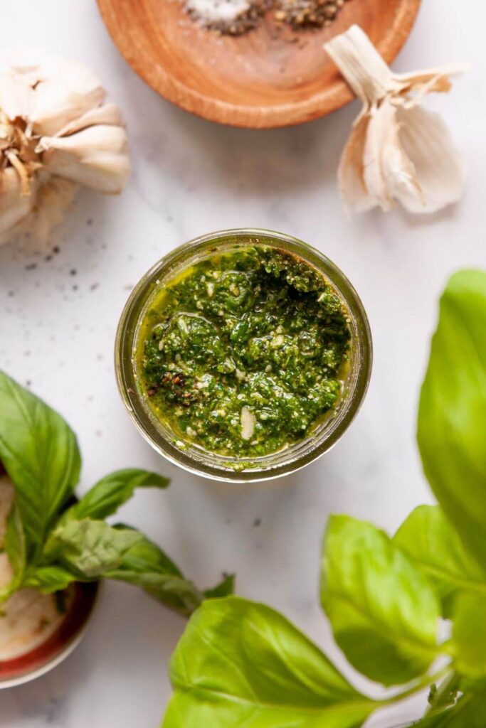 nut-free basil pesto without pine nuts in a jar