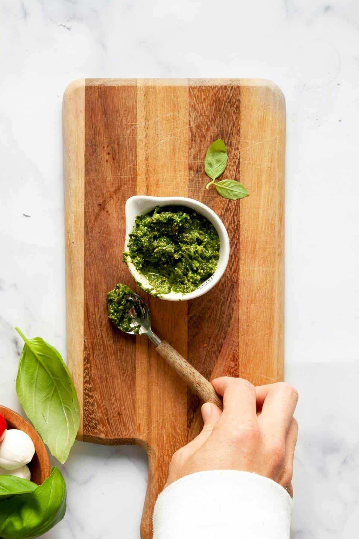 homemade pesto without pine nuts in a little bowl