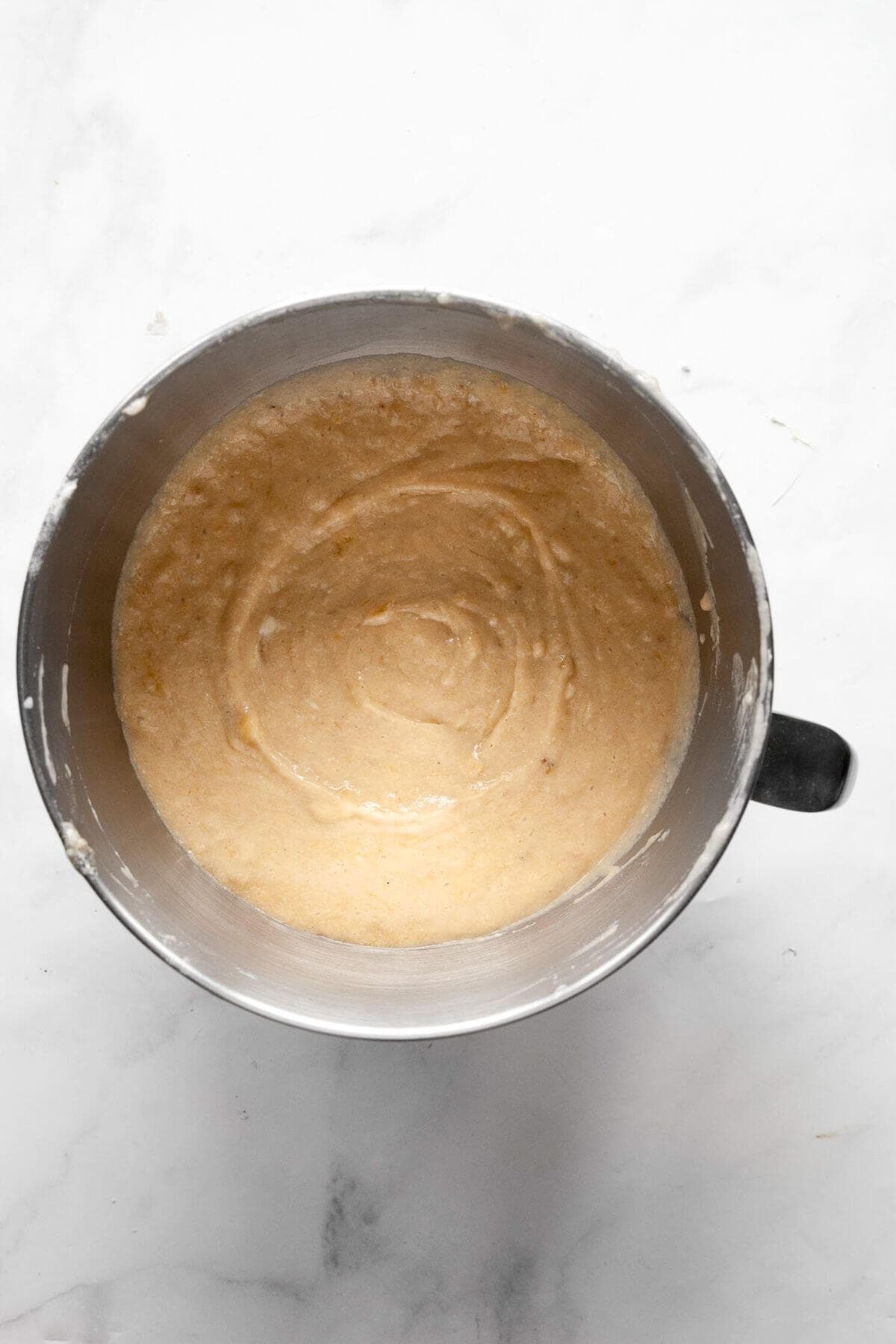 Gluten-free banana cake batter after combining wet and dry ingredients.