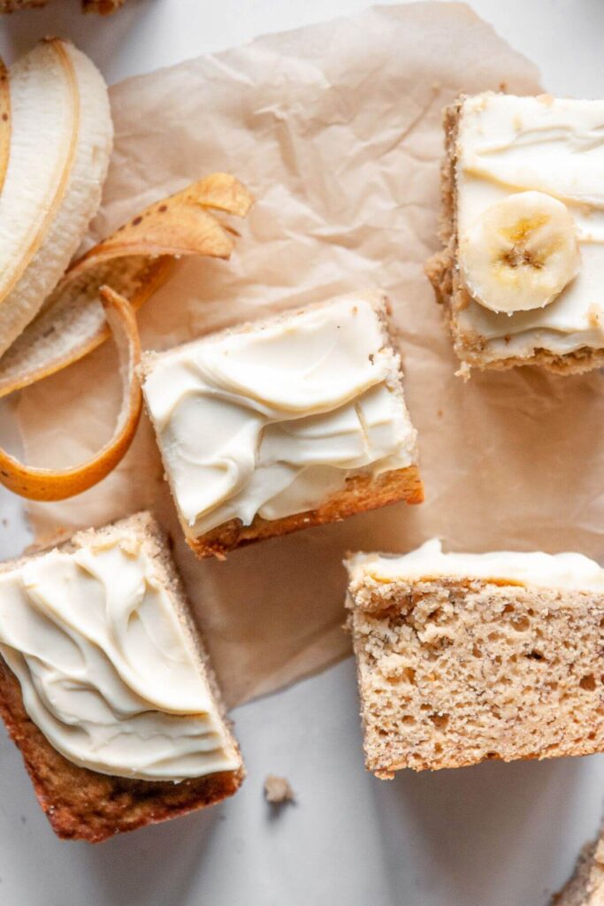 inside of gluten free banana cake to show moist, soft, fluffy texture