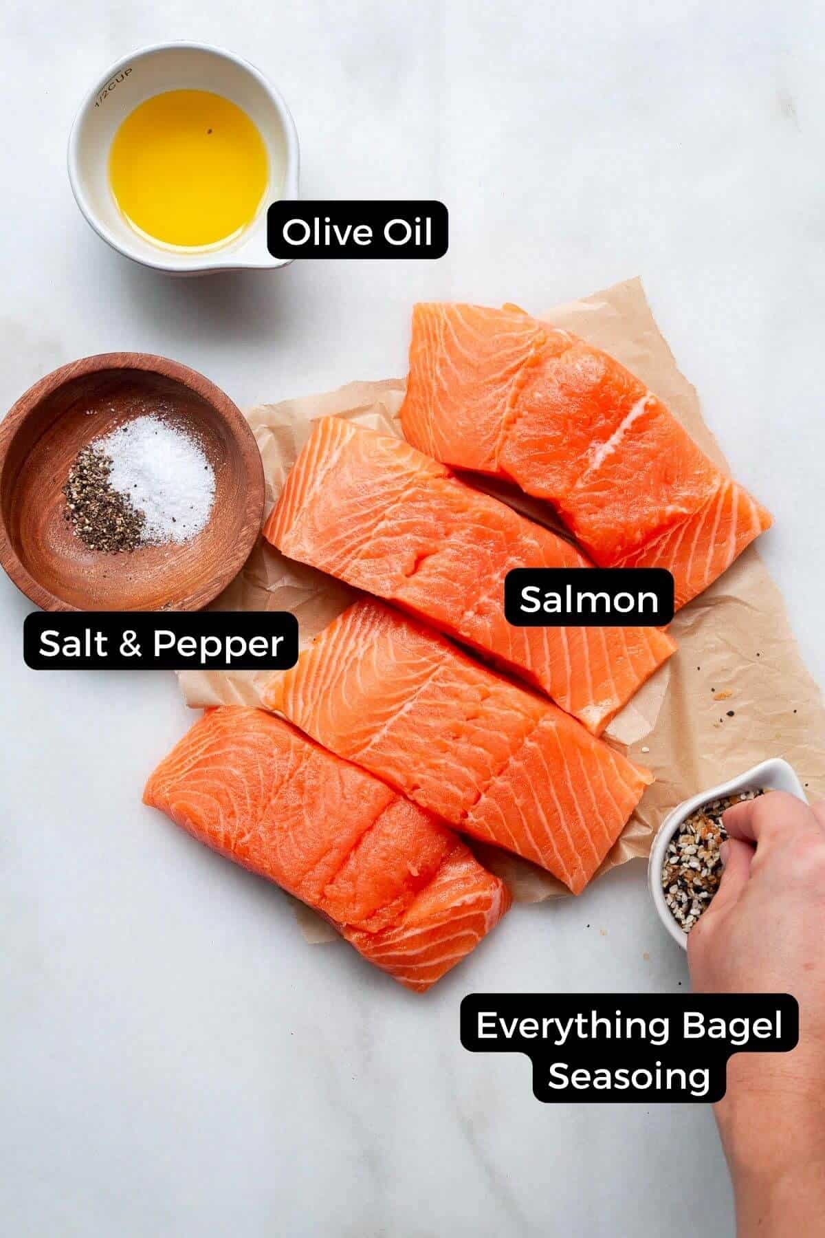 Ingredients for everything bagel crusted salmon: salmon fillets, everything bagel seasoning, olive oil, salt and pepper.