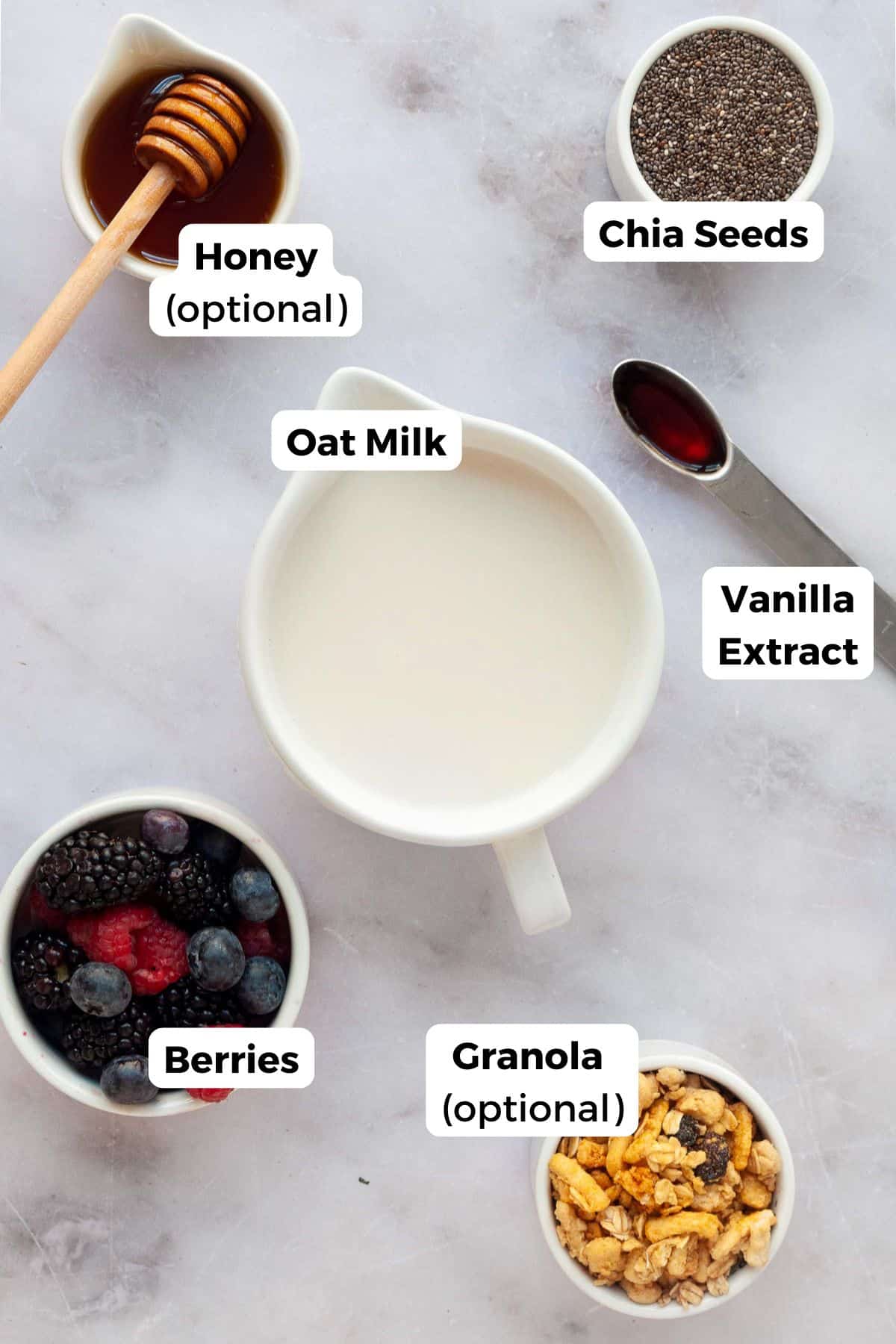 All ingredients in oat milk chia seed pudding including: chia seeds, oat milk, vanilla extract, honey, and berries.