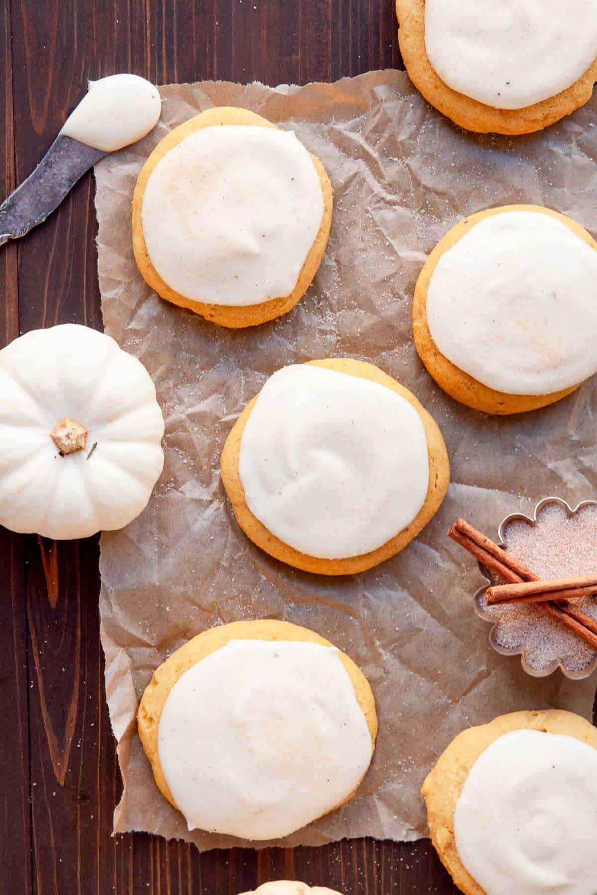 Soft gluten-free pumpkin cookies with cream cheese frosting.