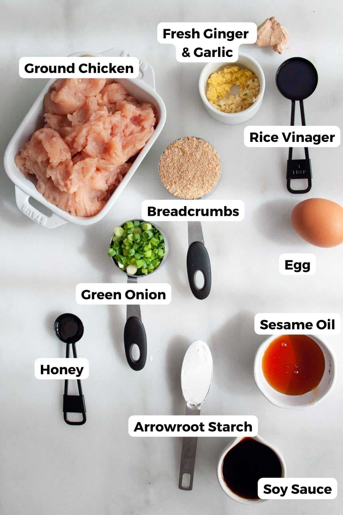 Labeled ingredients for Asian chicken meatballs including ground chicken, breadcrumbs, honey, soy sauce, and sesame oil.
