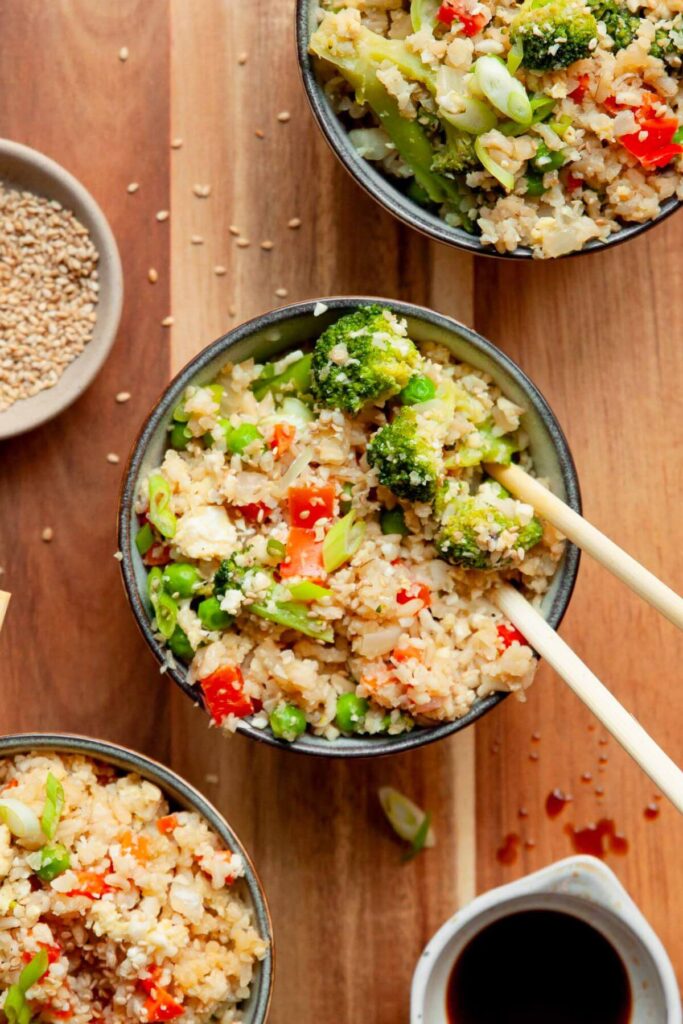 fried rice with cauliflower rice, brown rice, and broccoli