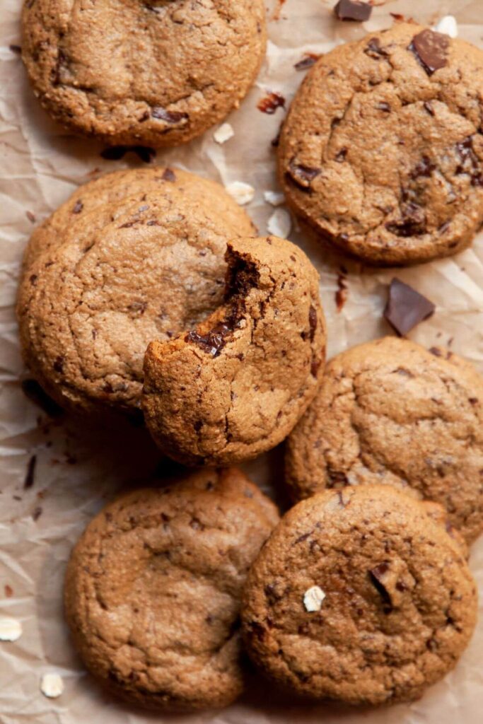 bite of brown butter oat flour chocolate chip cookies