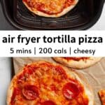 air fryer tortilla pizza sliced with golden crispy edges and melted cheese