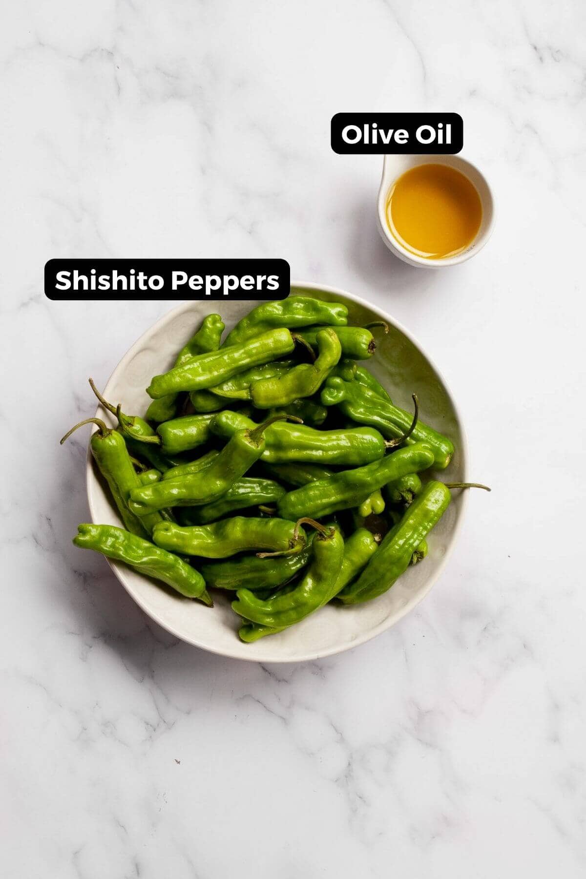 All ingredients in individual small bowls with labels, including: fresh shishito peppers, olive oil, and toppings.