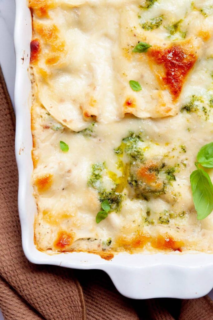 chicken Alfredo lasagna with broccoli