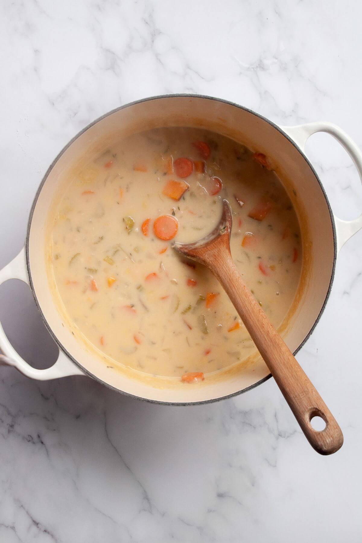 Crustless chicken pot pie before simmering to thicken.
