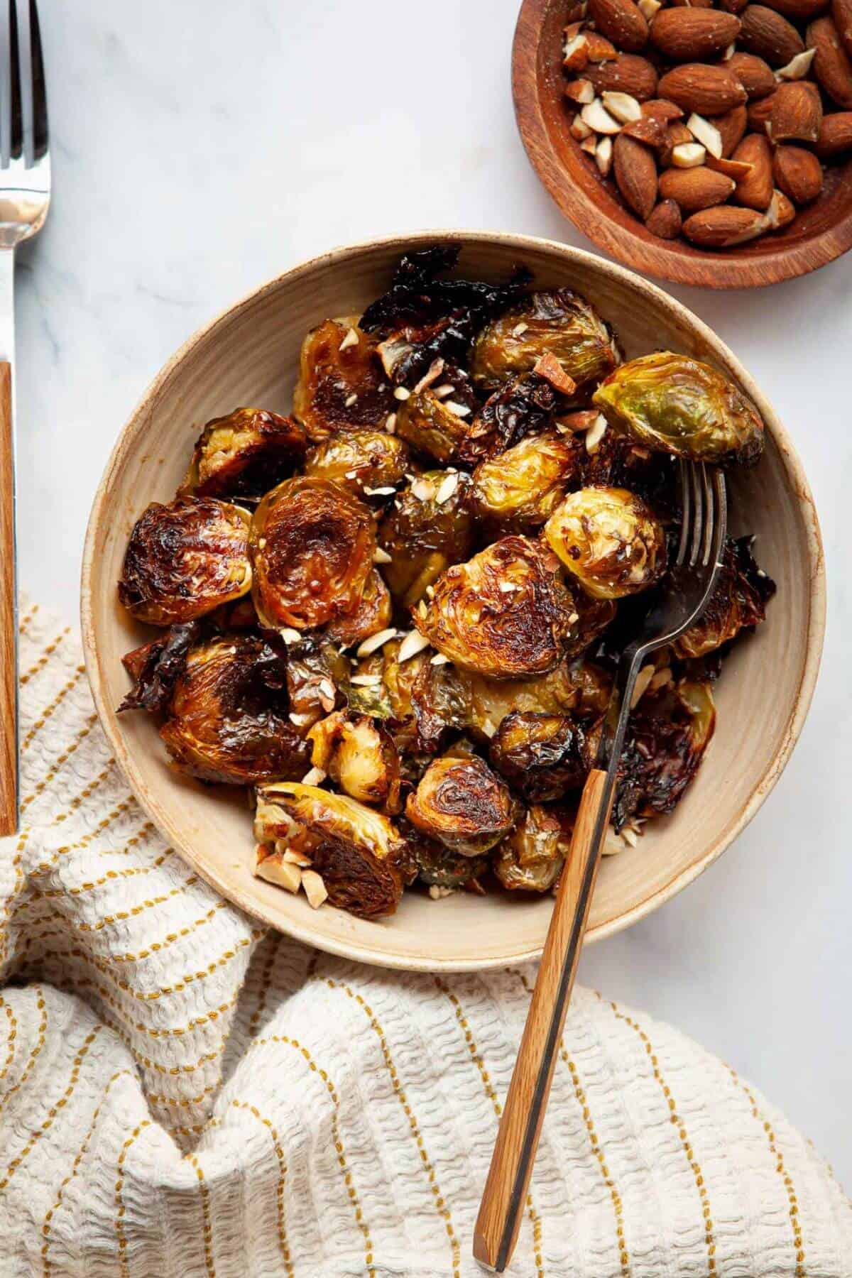 Oven roasted Brussels sprouts with a maple syrup and balsamic vinegar glaze.
