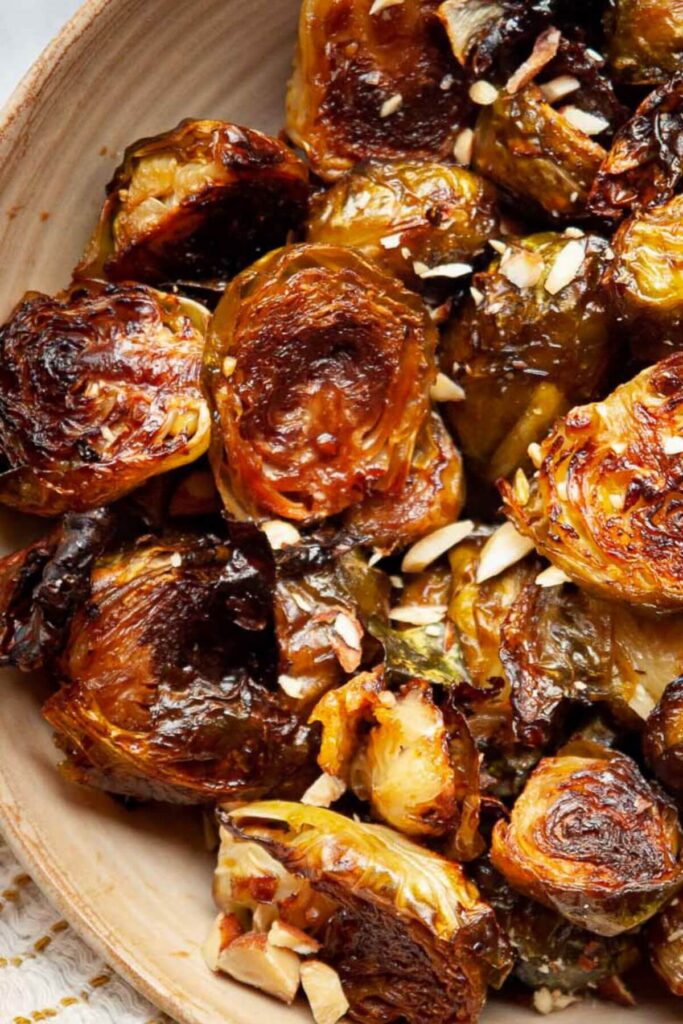 close up of an extra crispy and tender maple balsamic glazed brussel sprout