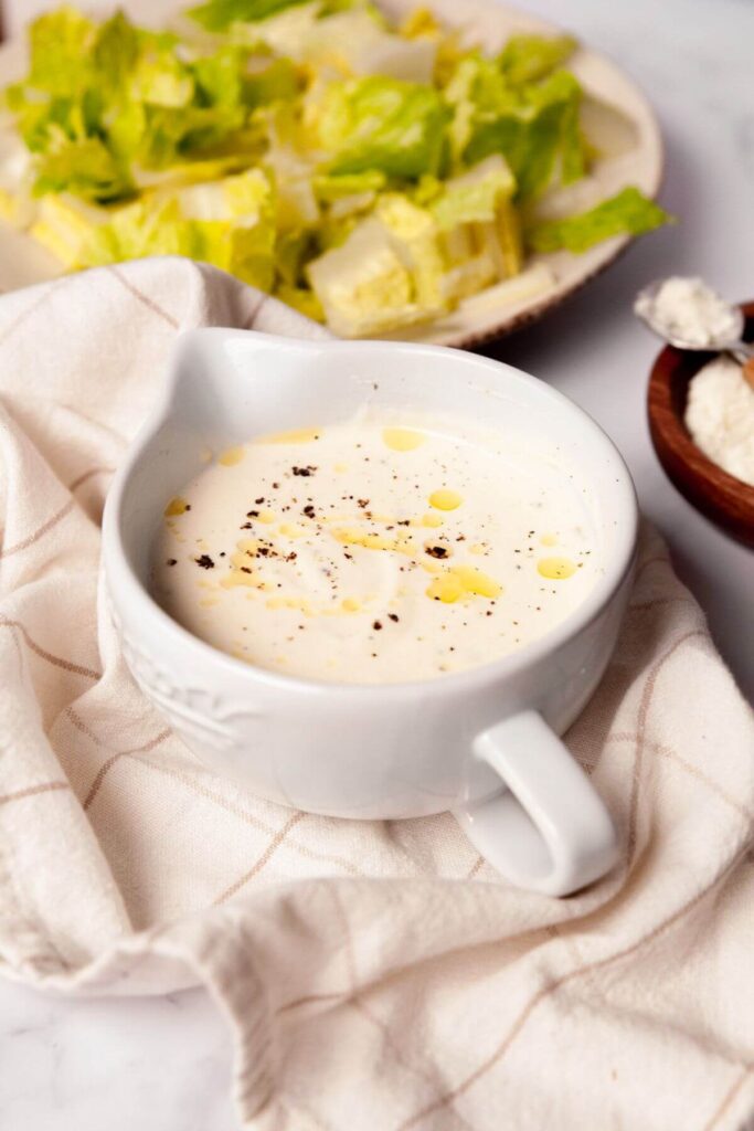 greek yogurt caesar salad dressing without anchovies in a bowl