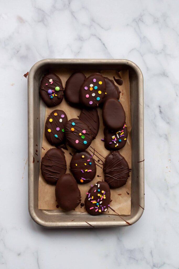 homemade mini Reese's Easter eggs on a baking tray