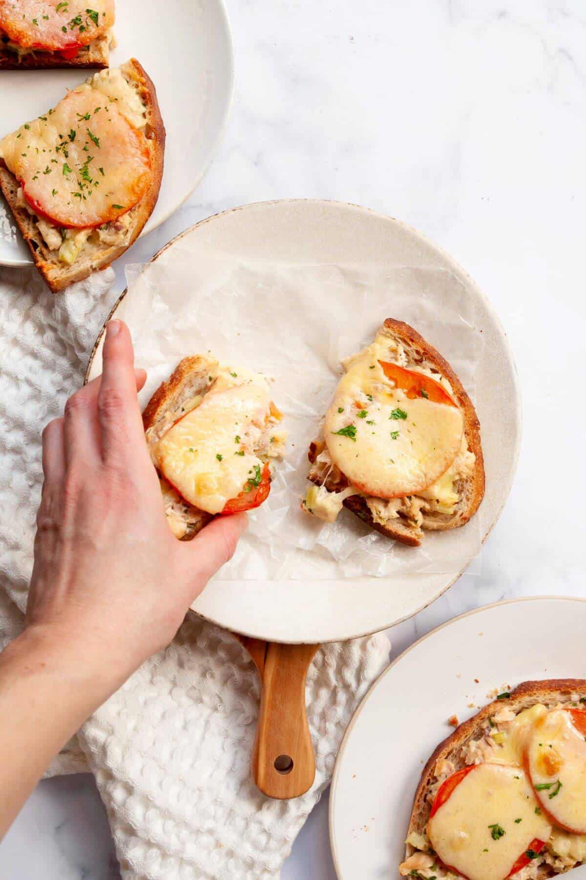 Picking up a healthy open-face tuna melt on sourdough bread,