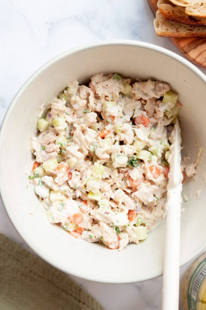 homemade tuna salad without mayo in a mixing bowl