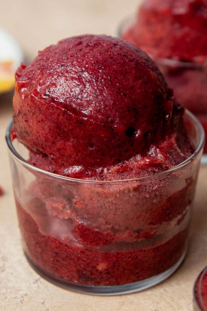 4-ingredient blueberry peach sorbet in a glass